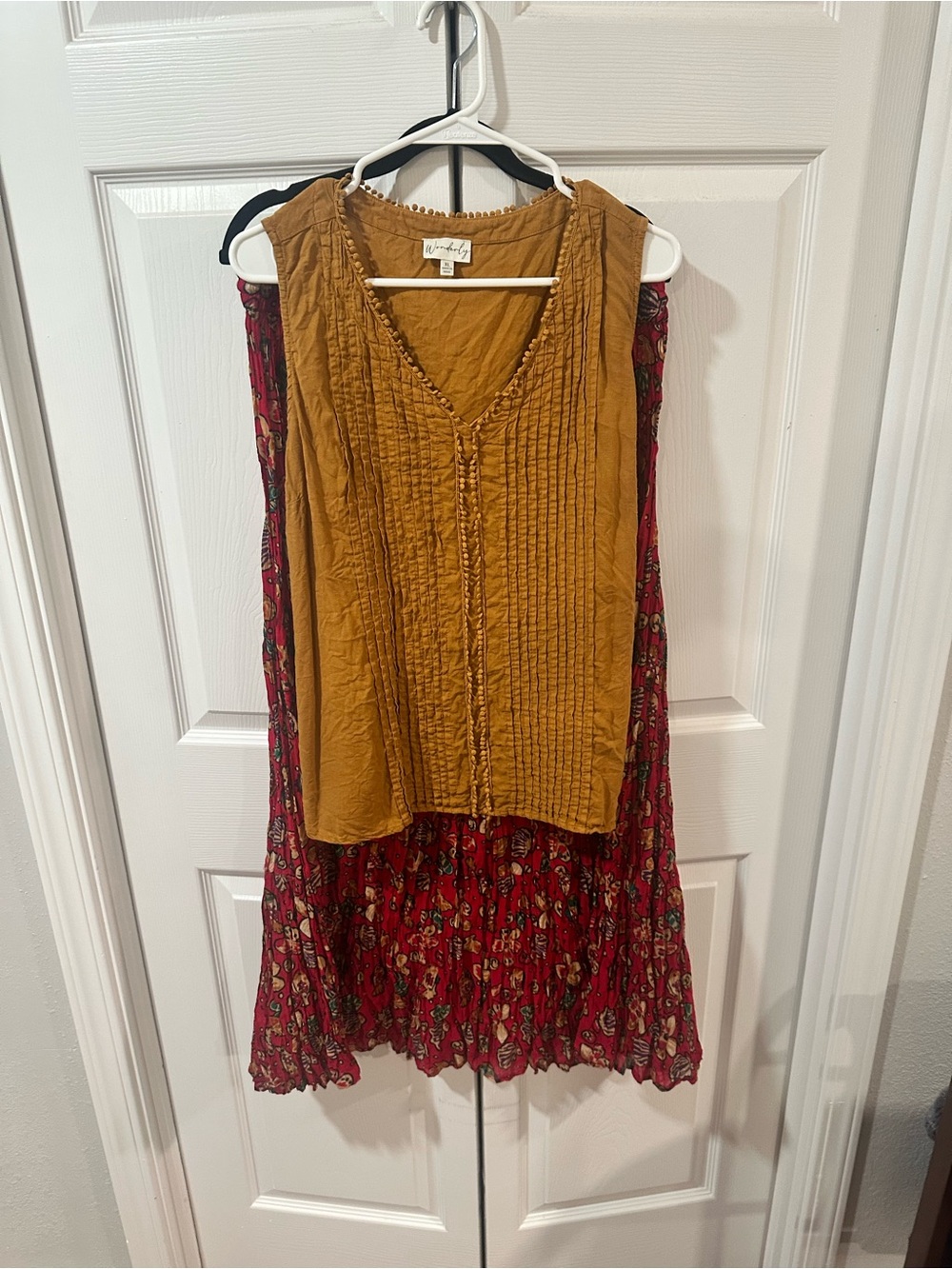 Wonderly Mustard Top with Red Floral Midi Skirt